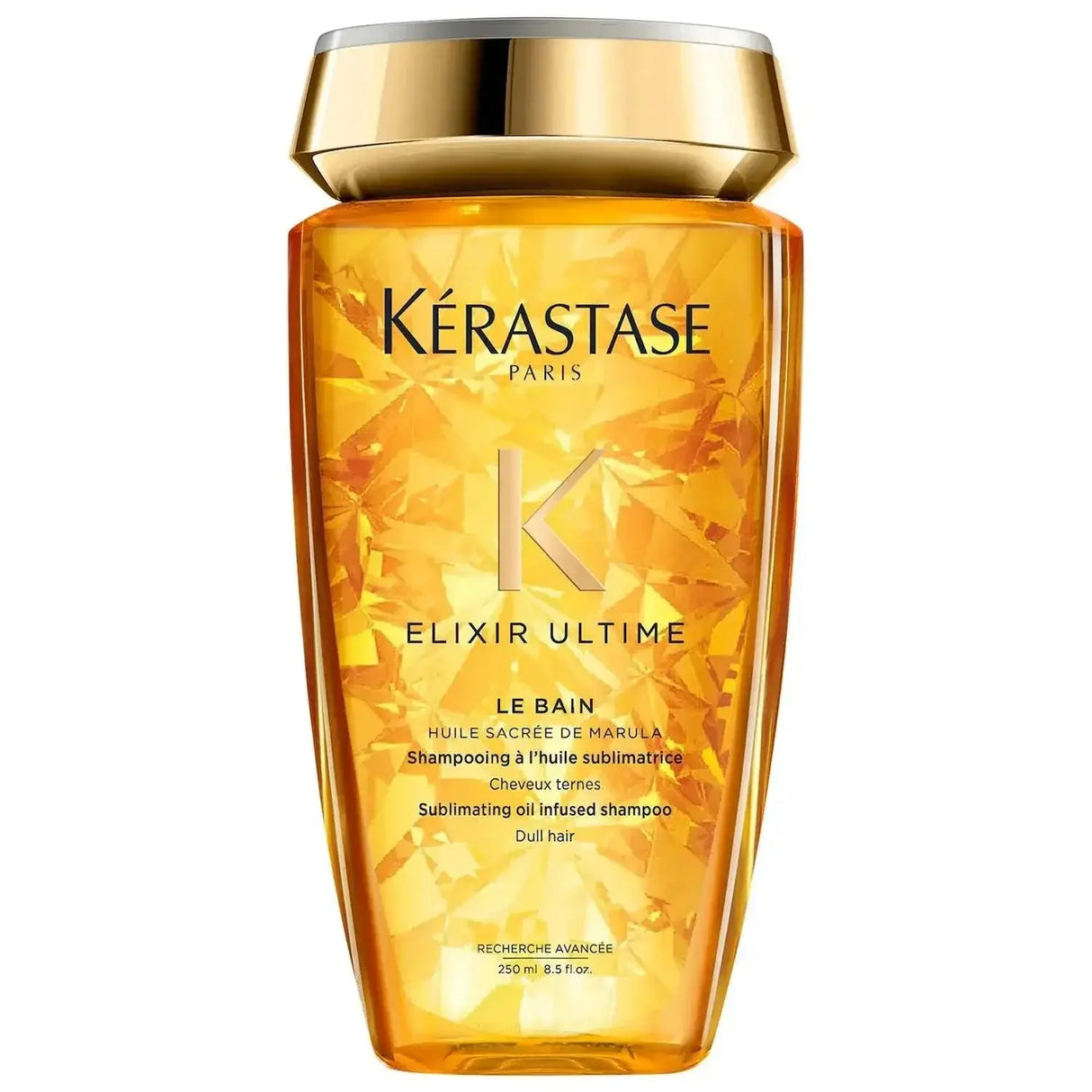 Kérastase Elixir Ultime Hydrating Shampoo bottle showcasing luxurious design, ideal for all hair types and textures to enhance shine and hydration.