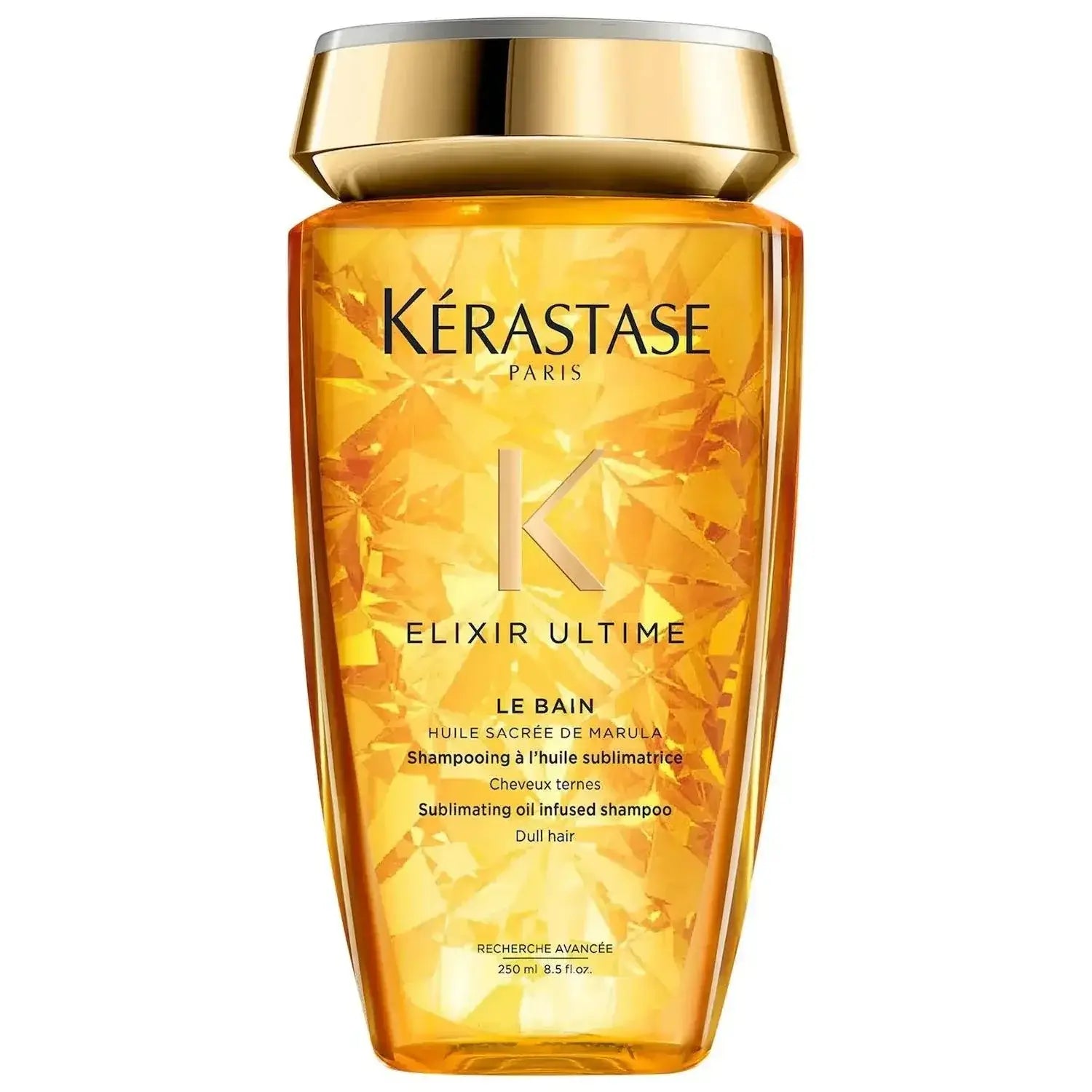 Kérastase Elixir Ultime Hydrating Shampoo bottle showcasing luxurious design, ideal for all hair types and textures to enhance shine and hydration.