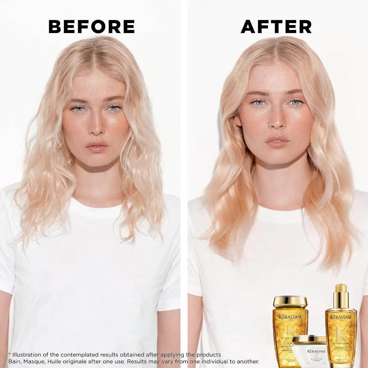 Before and after using Kérastase Elixir Ultime Hydrating Shampoo showing improved shine and hydration on blonde hair.