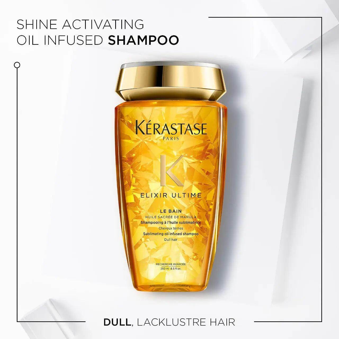 Kérastase Elixir Ultime Hydrating Shampoo bottle against a white background, highlighting oil-infused formula for dull hair revitalization.