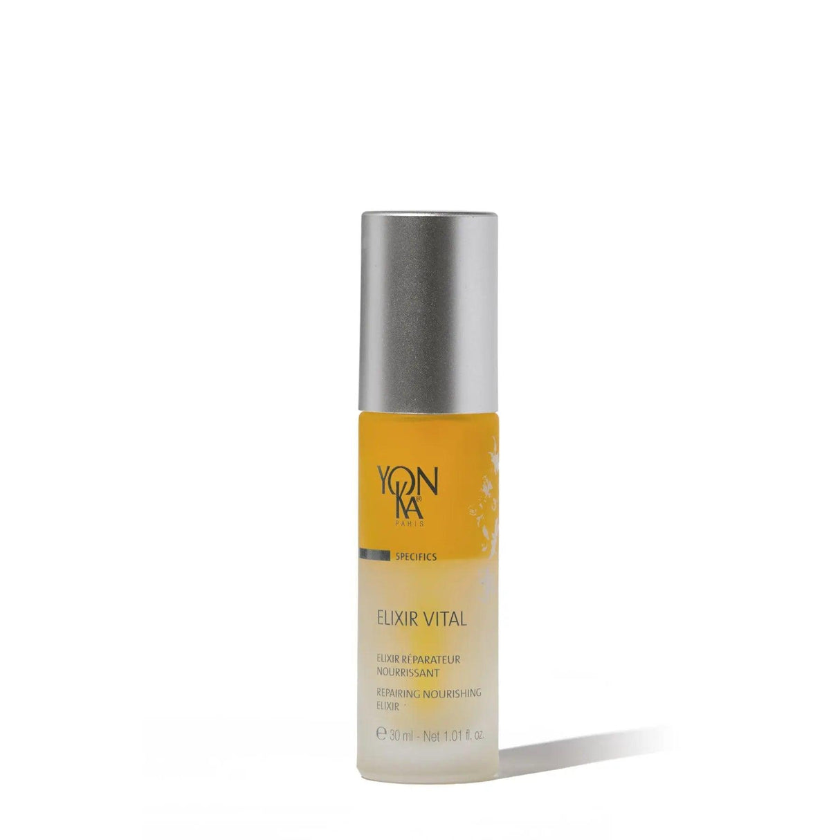 Yonka Elixir Vital facial serum bottle on a white background, designed for hydration and youthful skin glow.