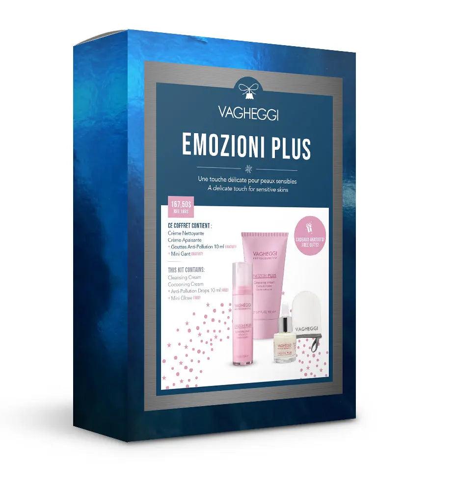 Emozioni Plus Christmas Gift Set featuring Cleansing Cream, Cocooning Cream, Anti-Pollution Drops, and a Mini Glove.