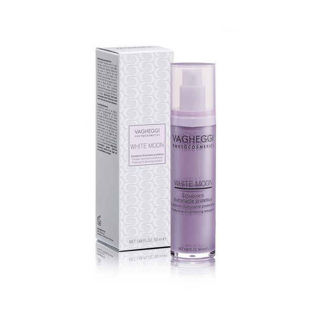 White Moon Protective Brightening Emulsion with glabridine and vitamin C for hydration and skin protection in a purple bottle.