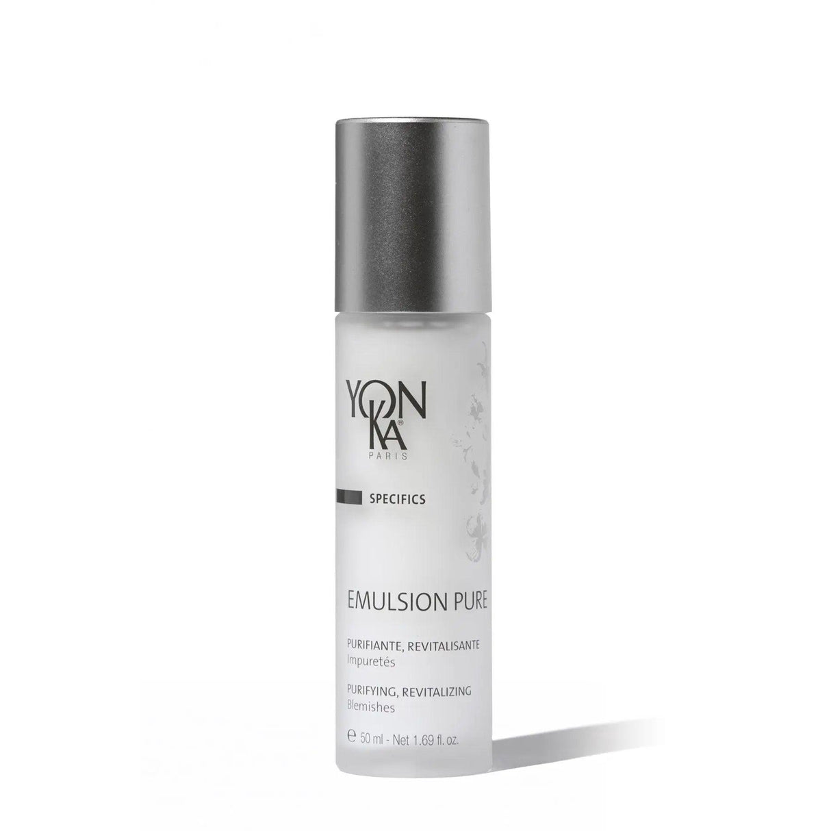 Yonka Emulsion Pure bottle, purifying and mattifying moisturizer for oily skin, regulates sebum and enhances skin texture.