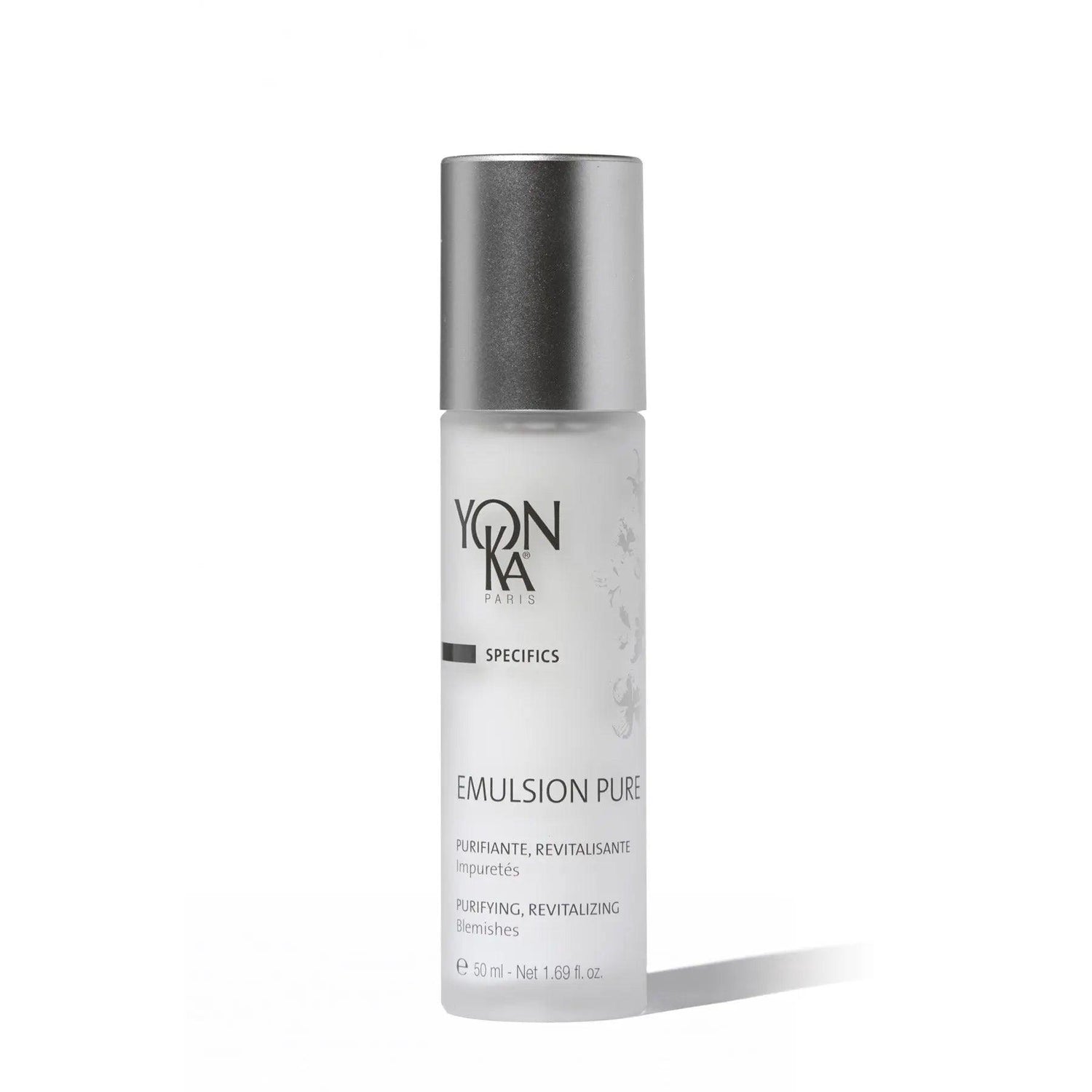 Yonka Emulsion Pure bottle, purifying and mattifying moisturizer for oily skin, regulates sebum and enhances skin texture.