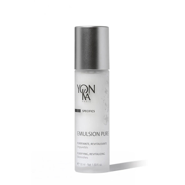 Yonka Emulsion Pure bottle, purifying and mattifying moisturizer for oily skin, regulates sebum and enhances skin texture.