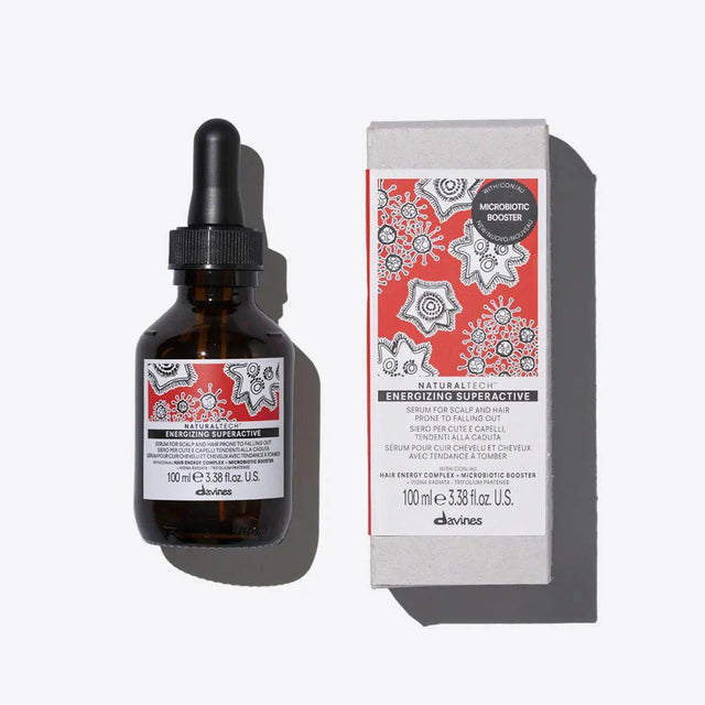 Davines Energizing Superactive hair serum and box, nourishing and revitalizing solution for all hair types, 100ml bottle.