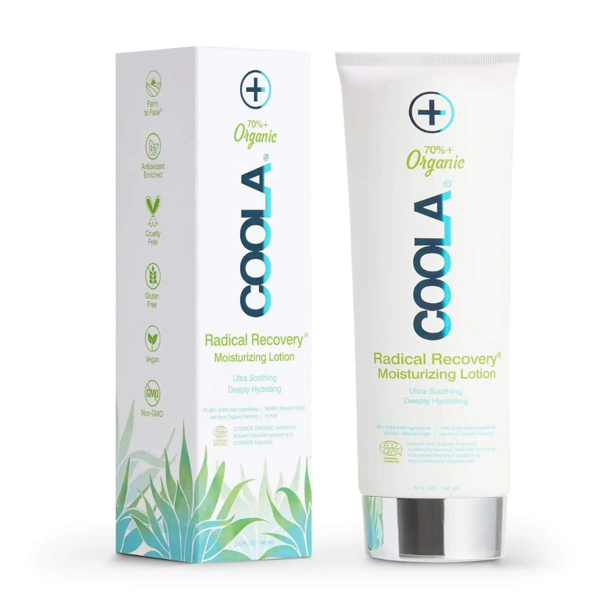 COOLA Radical Recovery After-Sun Lotion with 70% organic ingredients for soothing and hydrating skin post-sun exposure.