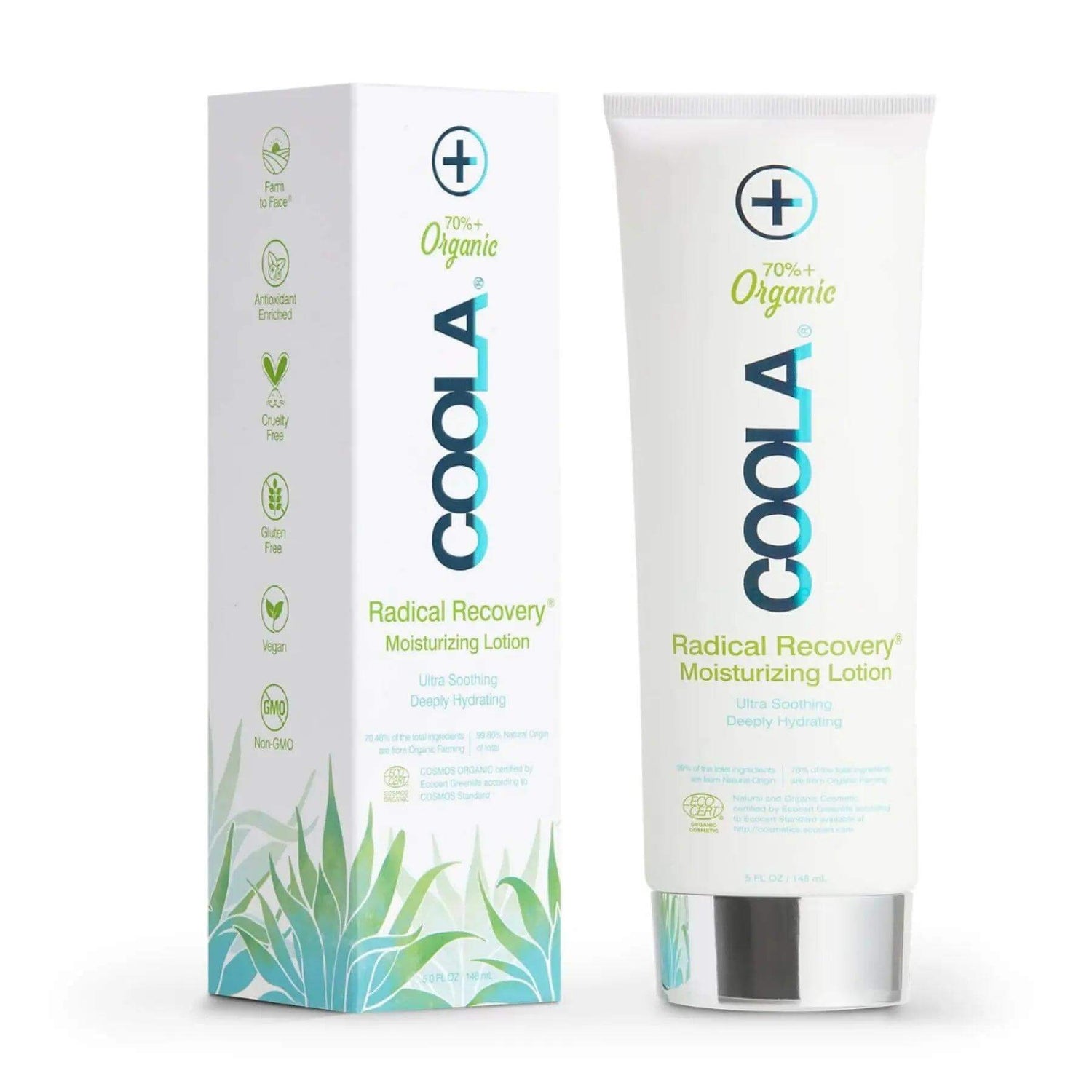 COOLA Radical Recovery After-Sun Lotion with 70% organic ingredients for soothing and hydrating skin post-sun exposure.
