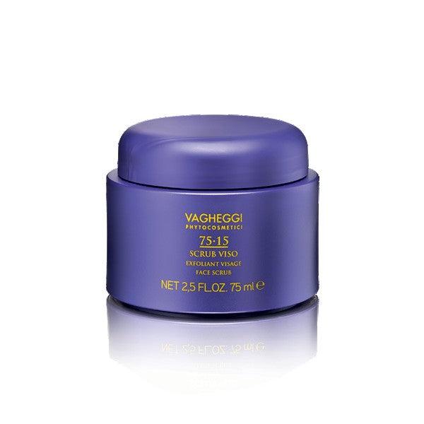 75-15 Face Scrub in a purple jar, formulated with sugar, oils, and butters for glowing skin.