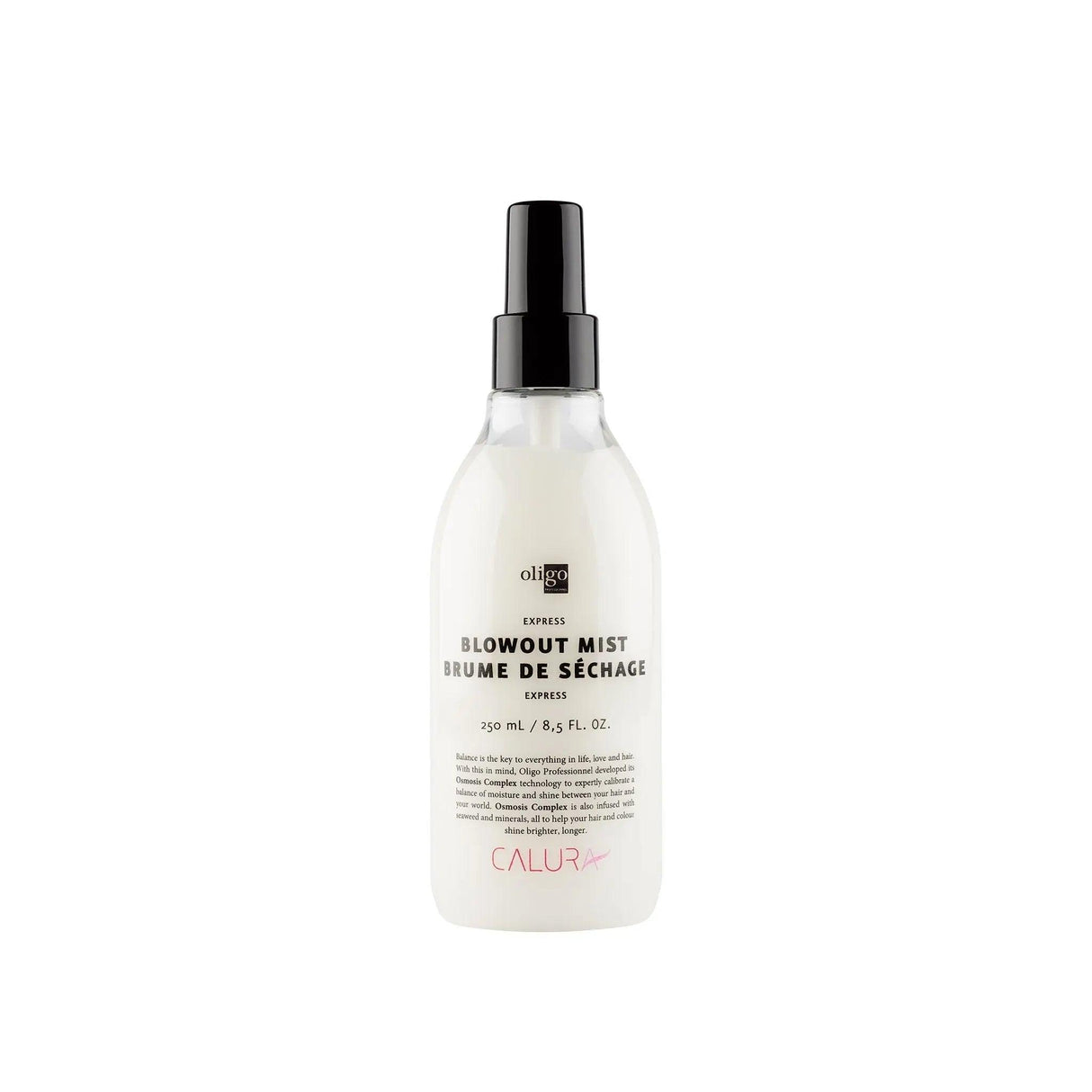 Express Blowout Mist bottle reduces drying time, offers heat and UV protection; vegan, paraben-free, gluten-free.
