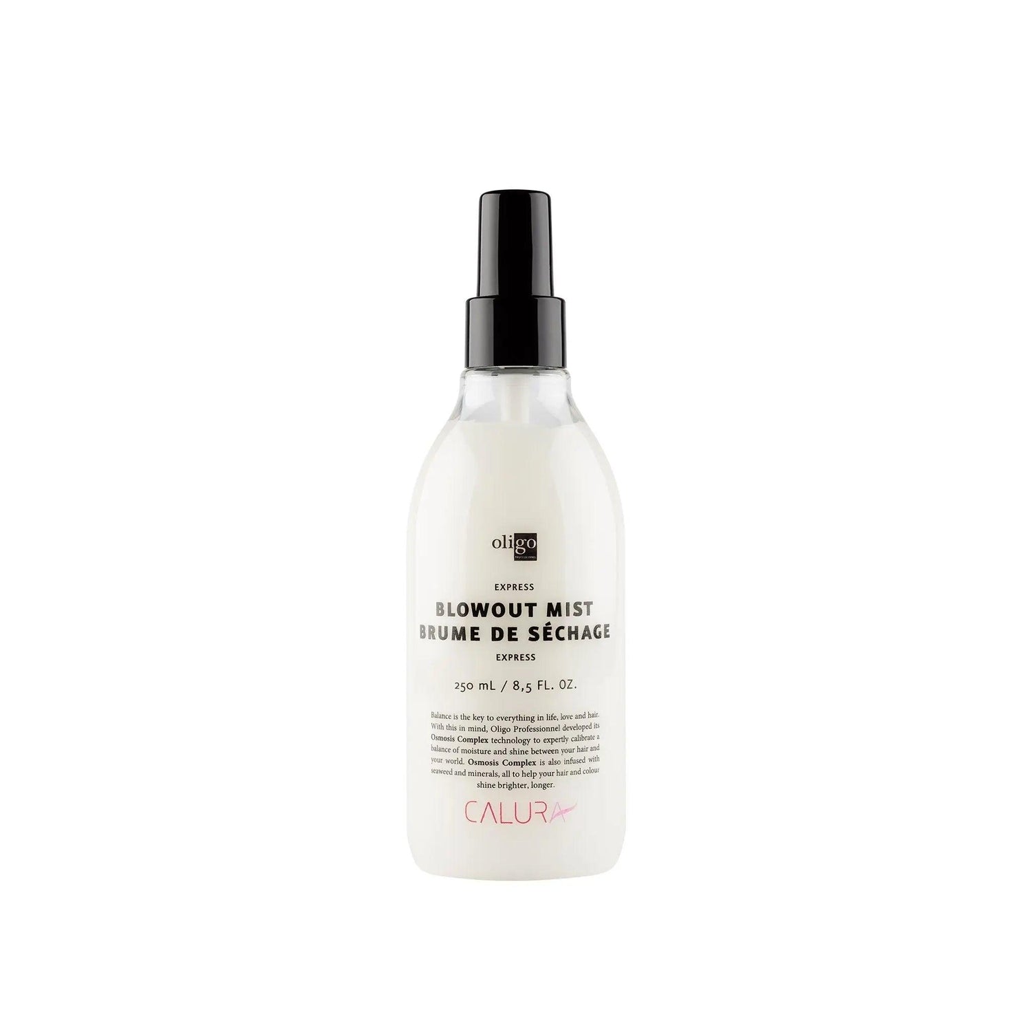 Express Blowout Mist bottle reduces drying time, offers heat and UV protection; vegan, paraben-free, gluten-free.