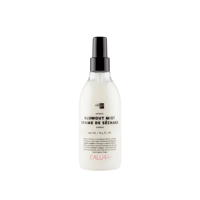Express Blowout Mist bottle reduces drying time, offers heat and UV protection; vegan, paraben-free, gluten-free.