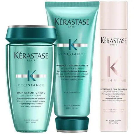 Kérastase Extentioniste Fresh Affair Dry Shampoo Hair Care Set for fragile hair, promoting healthy length.