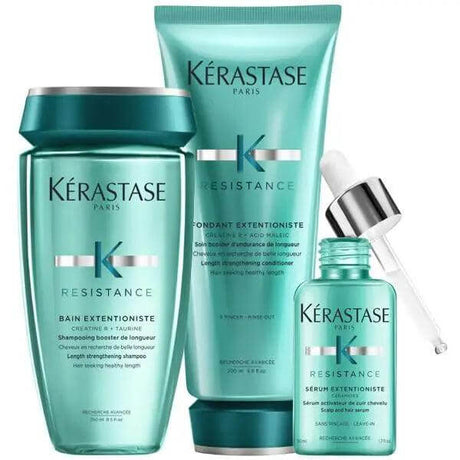 Kérastase Extentioniste Weakened Hair Set for fragile hair, including strengthening shampoo, restorative cream, and serum.