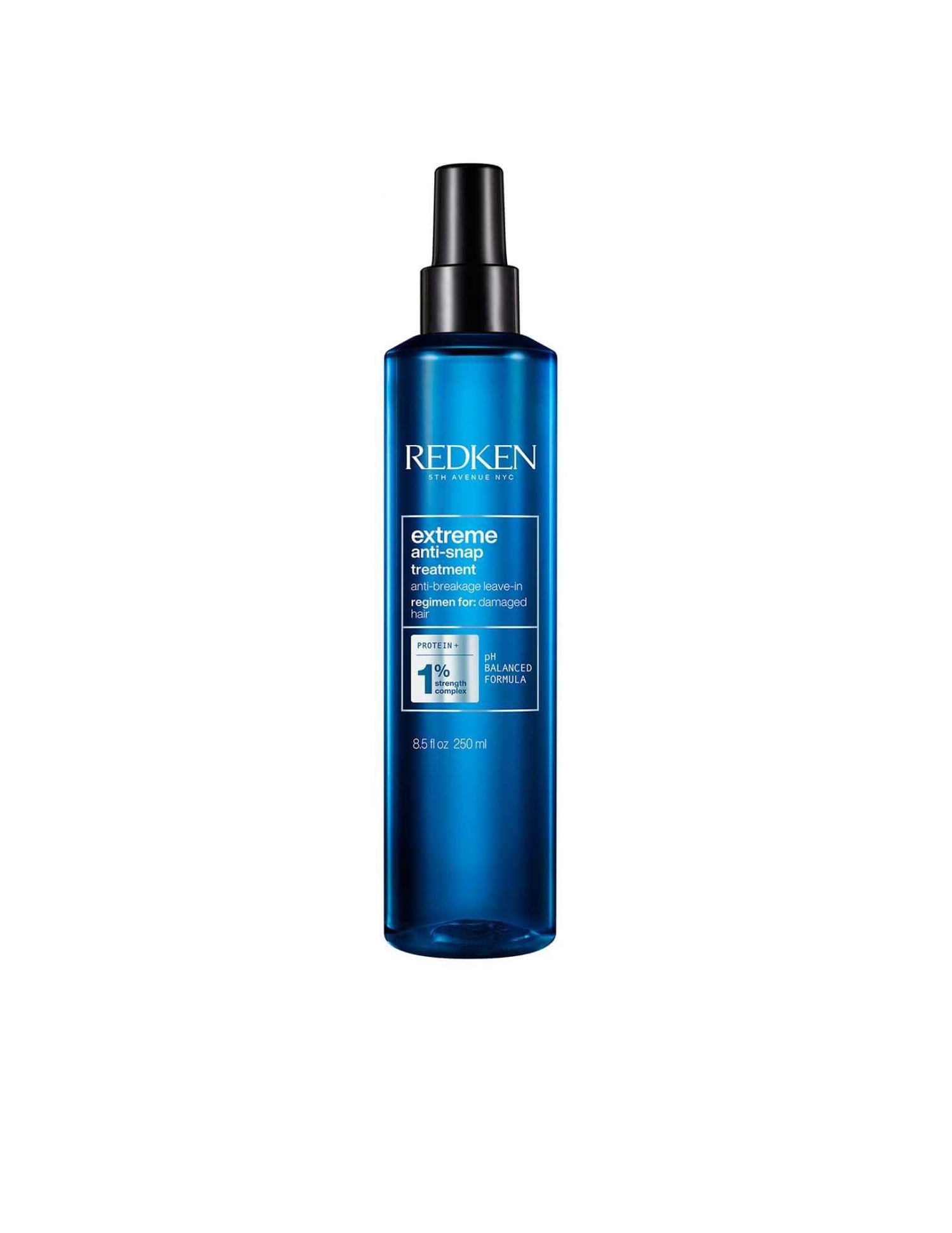 Redken Extreme Anti-Snap Treatment bottle for strengthening damaged hair and minimizing breakage, suitable for all hair types and textures.