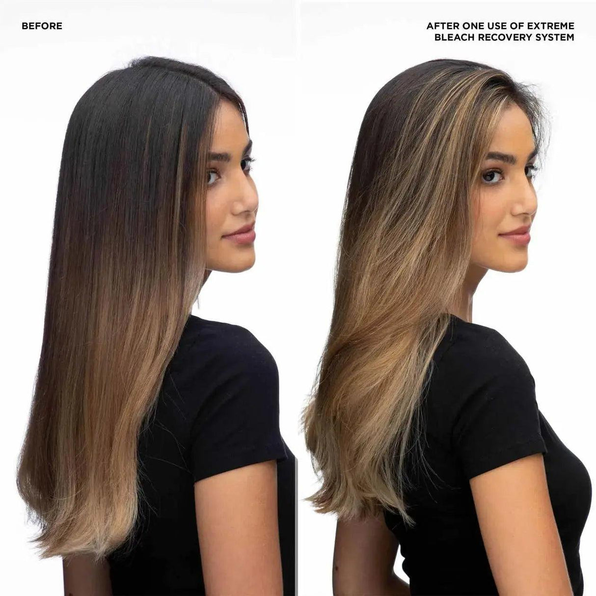 Before and after results using Redken Extreme Bleach Recovery Cica Cream on bleached hair, showing improved condition and shine.