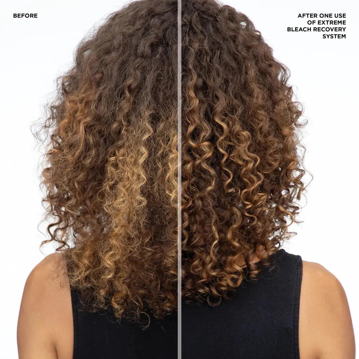 Before and after hair treatment using Redken Extreme Bleach Recovery Cica Cream, showing improved curly hair with reduced damage.