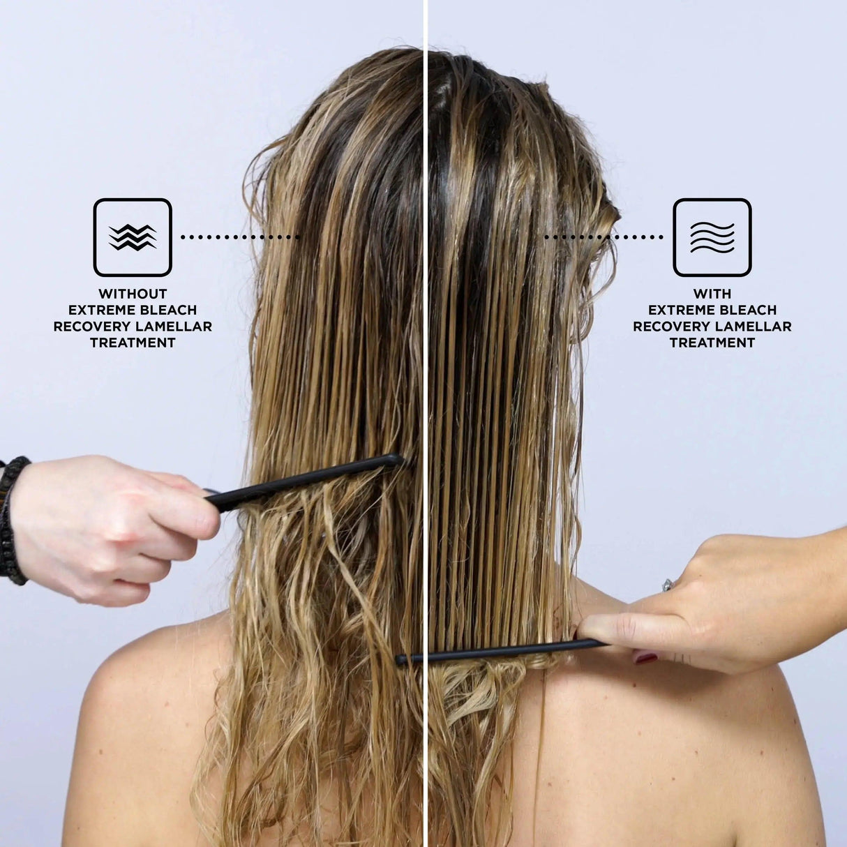 Before and after effects of Redken Extreme Bleach Recovery Lamellar Water Treatment on damaged hair.