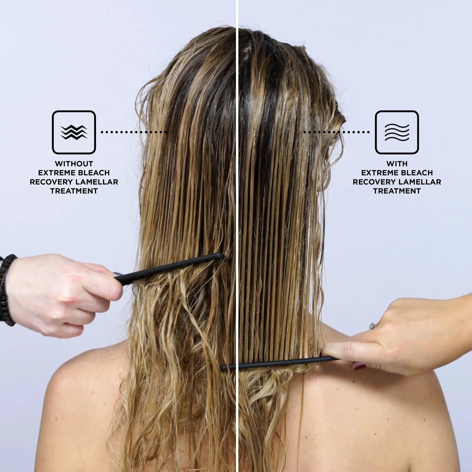 Before and after effects of Redken Extreme Bleach Recovery Lamellar Water Treatment on damaged hair.