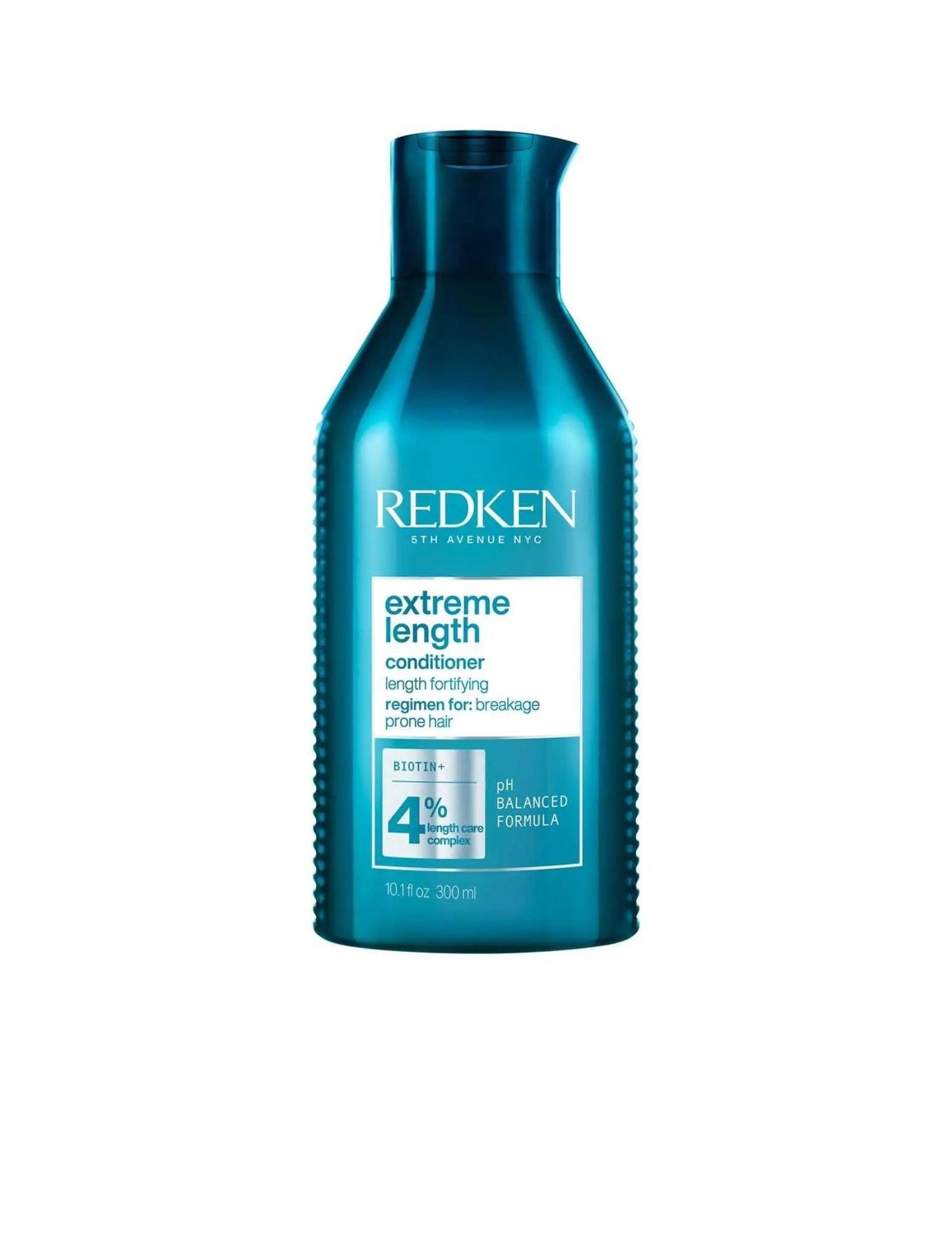 Redken Extreme Length Conditioner bottle for strength and length retention, suitable for all hair types and textures.