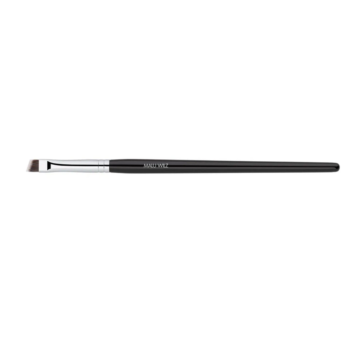 Malu Wilz Eyebrow Brush with synthetic bristles for precise grooming and defining of eyebrows, black handle.