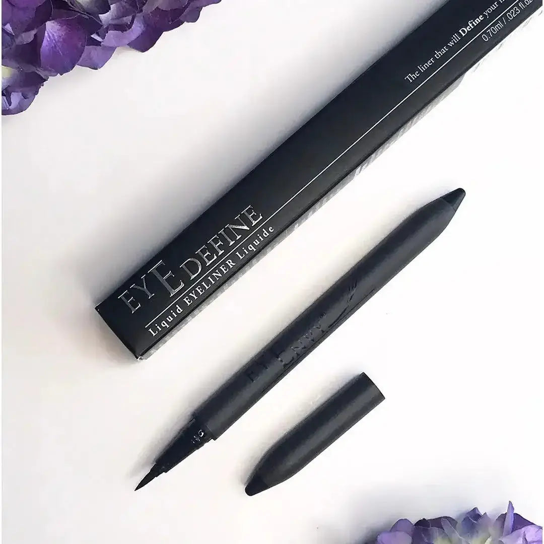 Eyedefine by Eyenvy black liquid eyeliner with ergonomic design and precision tip, perfect for creating water-resistant black lines.