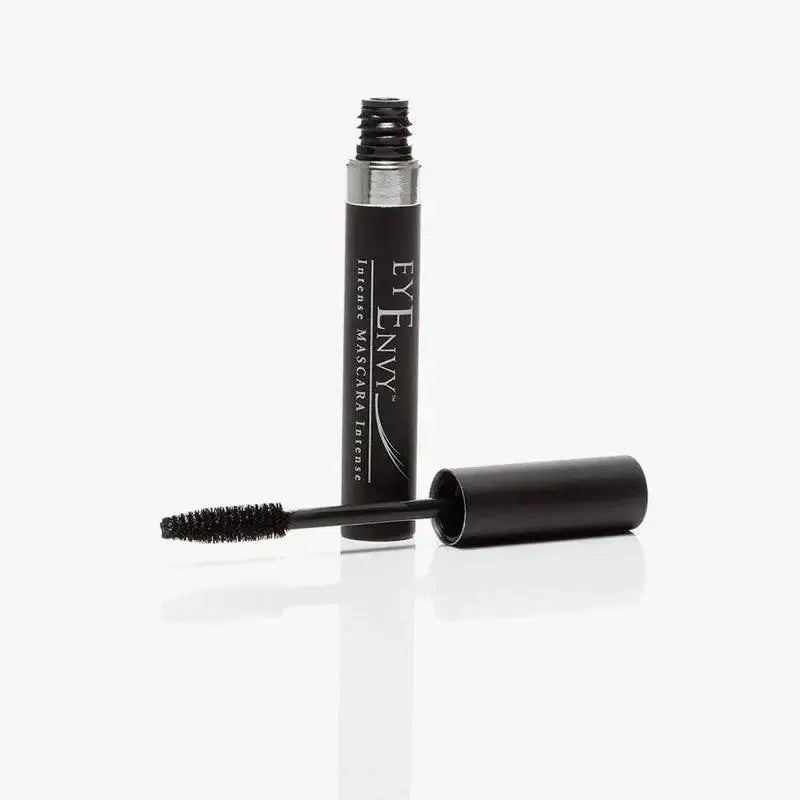 Eyenvy Intense Mascara in black, 6ml tube, open with brush applicator. Promotes lash lengthening and volume, clump-free and smudge-proof.