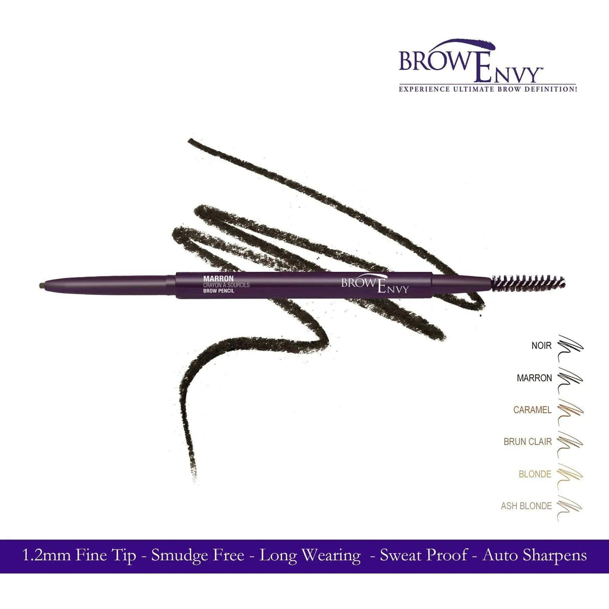 Eyenvy® Browenvy™ Pencil with smudge-proof 1.2mm fine tip, shown with brow color options and strokes for precise brow definition.