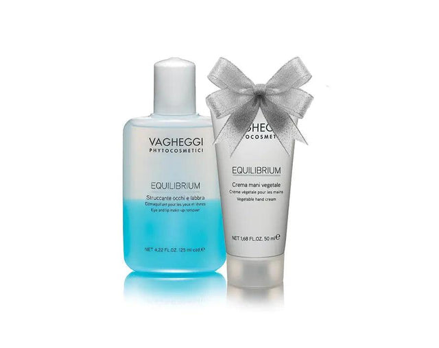 Eyes and Hands Care Christmas Gift Set with makeup remover and vegetable hand cream, elegantly packaged with ribbon.