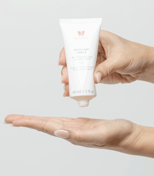 Alt Tag: Vivier Exfoliant Forte Alpha Hydroxy Acid lotion being dispensed into hand, enhances skin texture, suitable for all skin types.