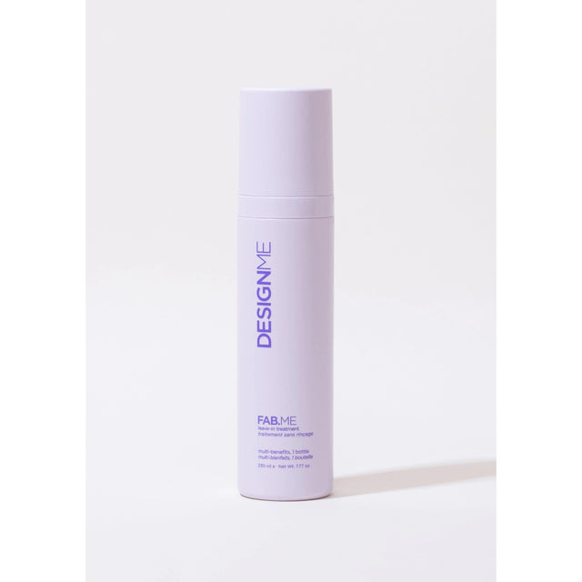 Fab.Me Leave-In Treatment bottle by DESIGN.ME; enhances, protects, nourishes with heat protection, detangling, and shine.
