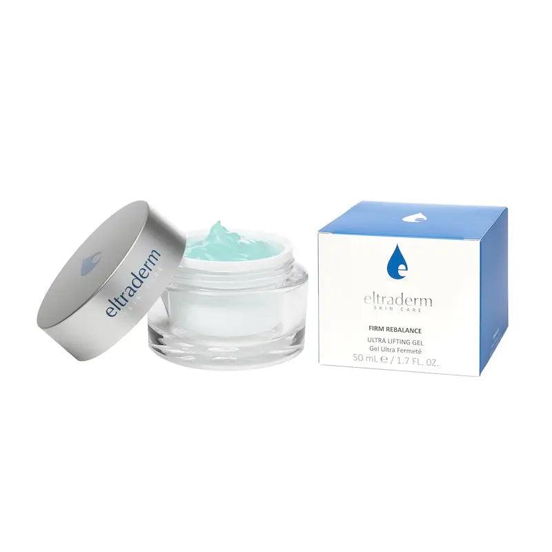 Firm Rebalance Ultra Lifting Gel with Elastin Stimulating Lipodipeptides, enhancing skin elasticity and firmness, 50mL jar and box.