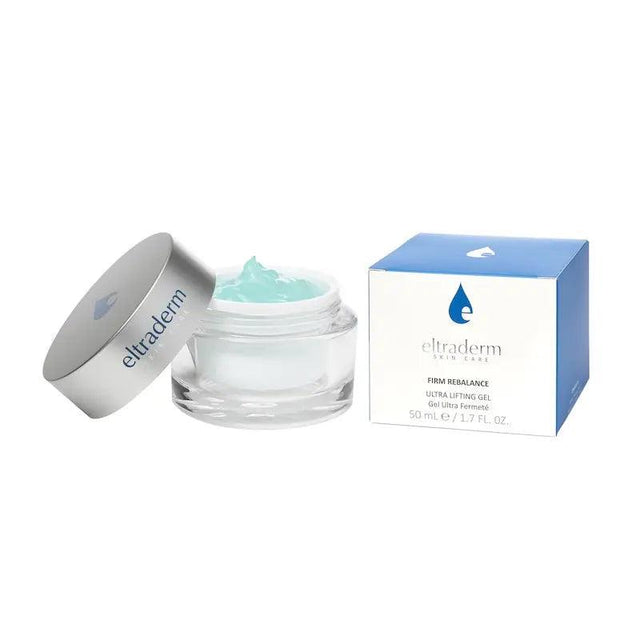 Firm Rebalance Ultra Lifting Gel with Elastin Stimulating Lipodipeptides, enhancing skin elasticity and firmness, 50mL jar and box.
