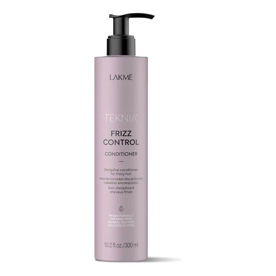 Bottle of Teknia Frizz Control Conditioner for taming frizz, providing deep hydration and shine for straight and curly hair.