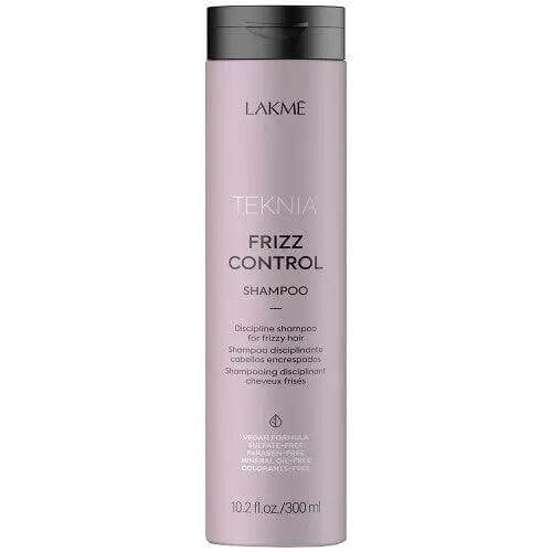 Lakme Teknia Frizz Control Shampoo bottle for hydrating and smoothing hair, infused with ylang ylang and zen flower scent.
