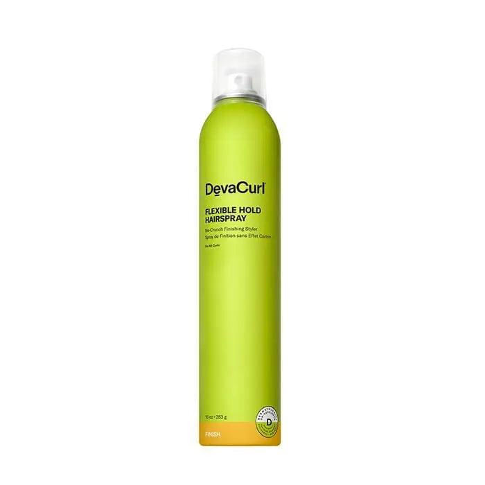 DevaCurl Flexible Hold Hairspray bottle for frizz control and shine, wind and humidity-resistant for curly hair styling.