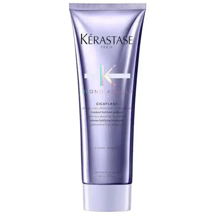 Kérastase Fondant Cicaflash Conditioner for blonde hair, enriched with hyaluronic acid to nourish and strengthen against breakage.