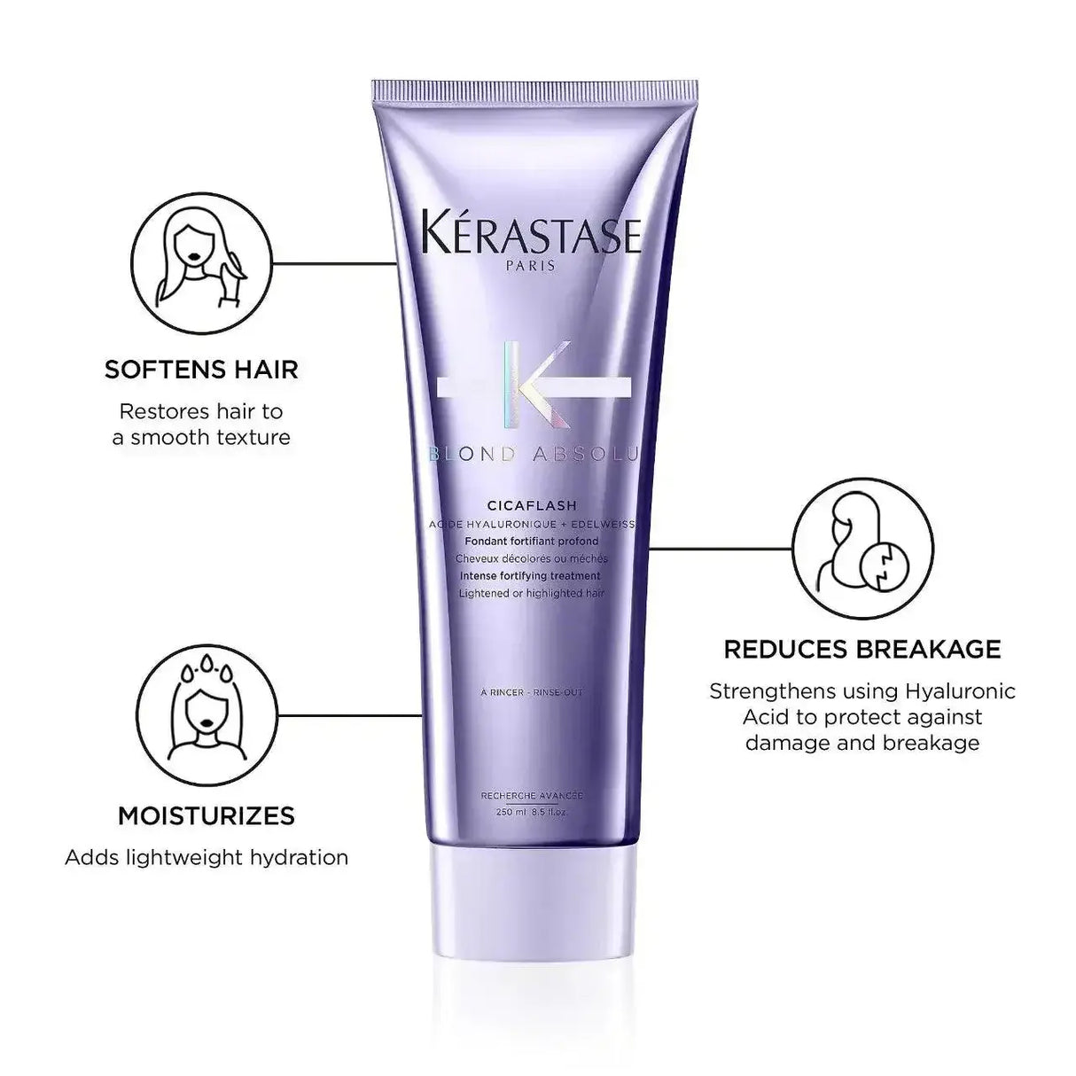 Kerastase Fondant Cicaflash Conditioner tube, highlights benefits: softens, moisturizes, reduces breakage for all blonde hair types.