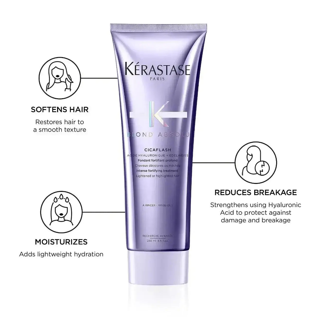 Kerastase Fondant Cicaflash Conditioner tube, highlights benefits: softens, moisturizes, reduces breakage for all blonde hair types.