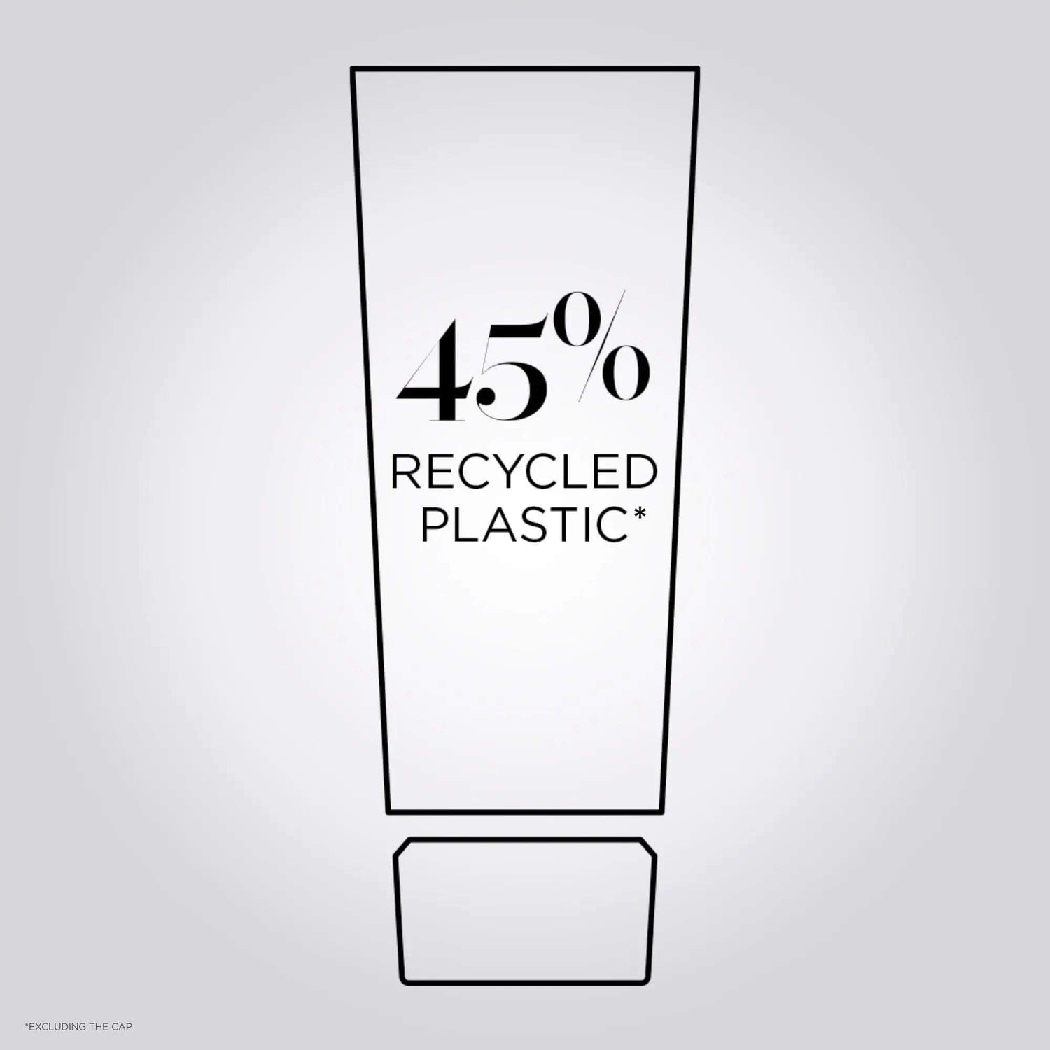 Illustration of a cosmetic tube indicating 45% recycled plastic content, promoting eco-friendly packaging.