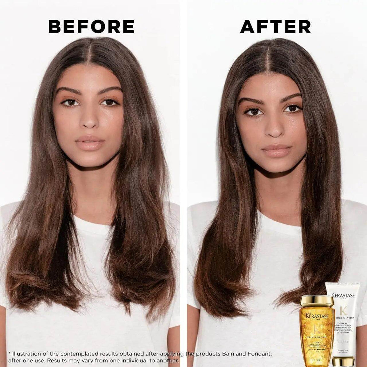 Before and after results using Kérastase Fondant Elixir Ultime Conditioner for shiny, nourished hair with product bottles.