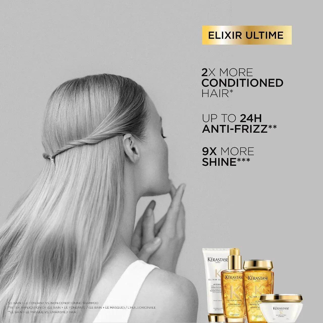 Woman showcasing smooth hair with Kérastase Elixir Ultime products, promising 2x conditioning, 24h anti-frizz, and 9x more shine.