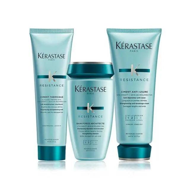 Kerastase Force Architecte Hair Care Set for damaged hair, including Bain Force Architecte shampoo and Ciment Anti-Usure conditioner.