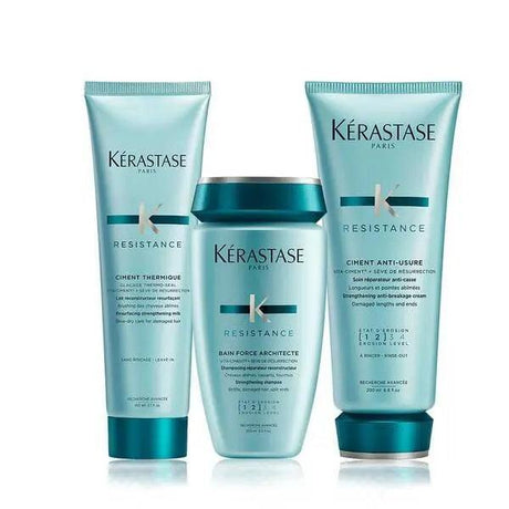 Kerastase Force Architecte Hair Care Set for damaged hair, including Bain Force Architecte shampoo and Ciment Anti-Usure conditioner.