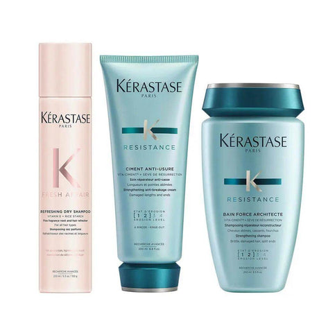 Kerastase hair care set including Bain Force Architecte Shampoo, Ciment Anti-Usure Conditioner, and Fresh Affair Dry Shampoo.