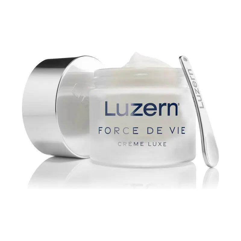 Luzern Force De Vie Pure Oxygen Creme Luxe jar with lid open and spatula, promoting improved skin circulation and rejuvenation.