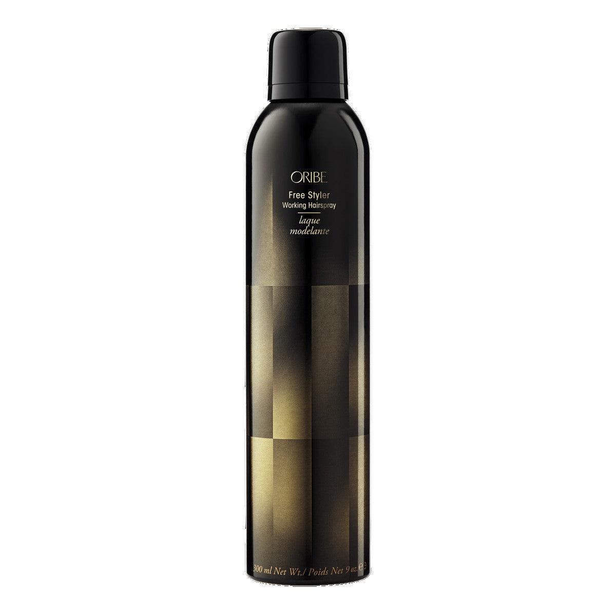 Oribe Free Styler Working Hairspray bottle for lightweight, flexible hold hair styling; suitable for all hair types.