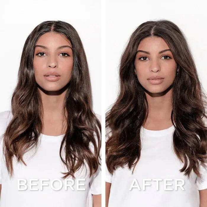 Before and after comparison of hair using Kérastase Fresh Affair Dry Shampoo, showing revitalized, voluminous hair texture.
