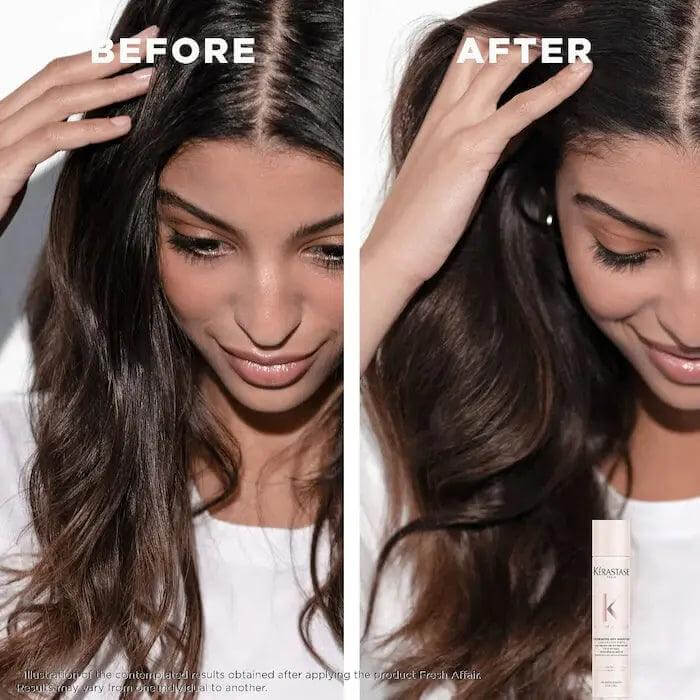 Before and after results using Kérastase Fresh Affair Dry Shampoo showing revitalized hair with reduced oil and enhanced shine.